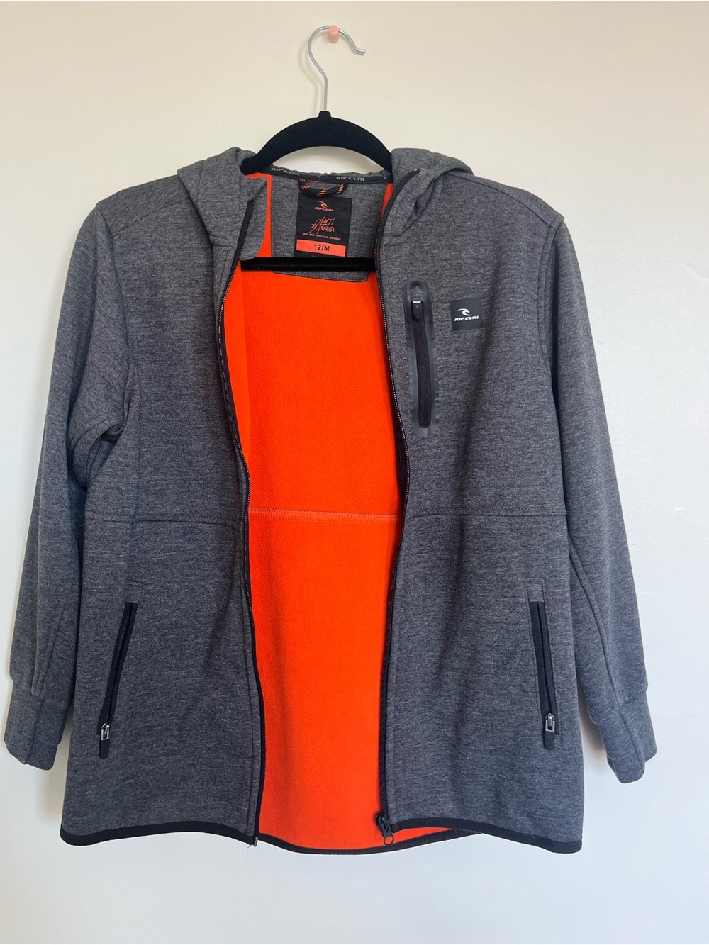 Rip Curl Kids Gray Hooded Puffer Jacket with Bright Orange Lining